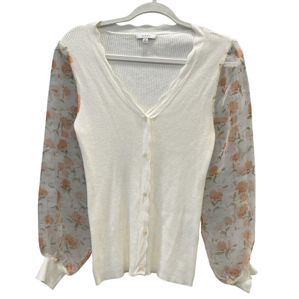 Sioni Womens Medium White Cardigan With Sheer Floral Sleeves Feminine Buttons GU - Picture 2 of 7